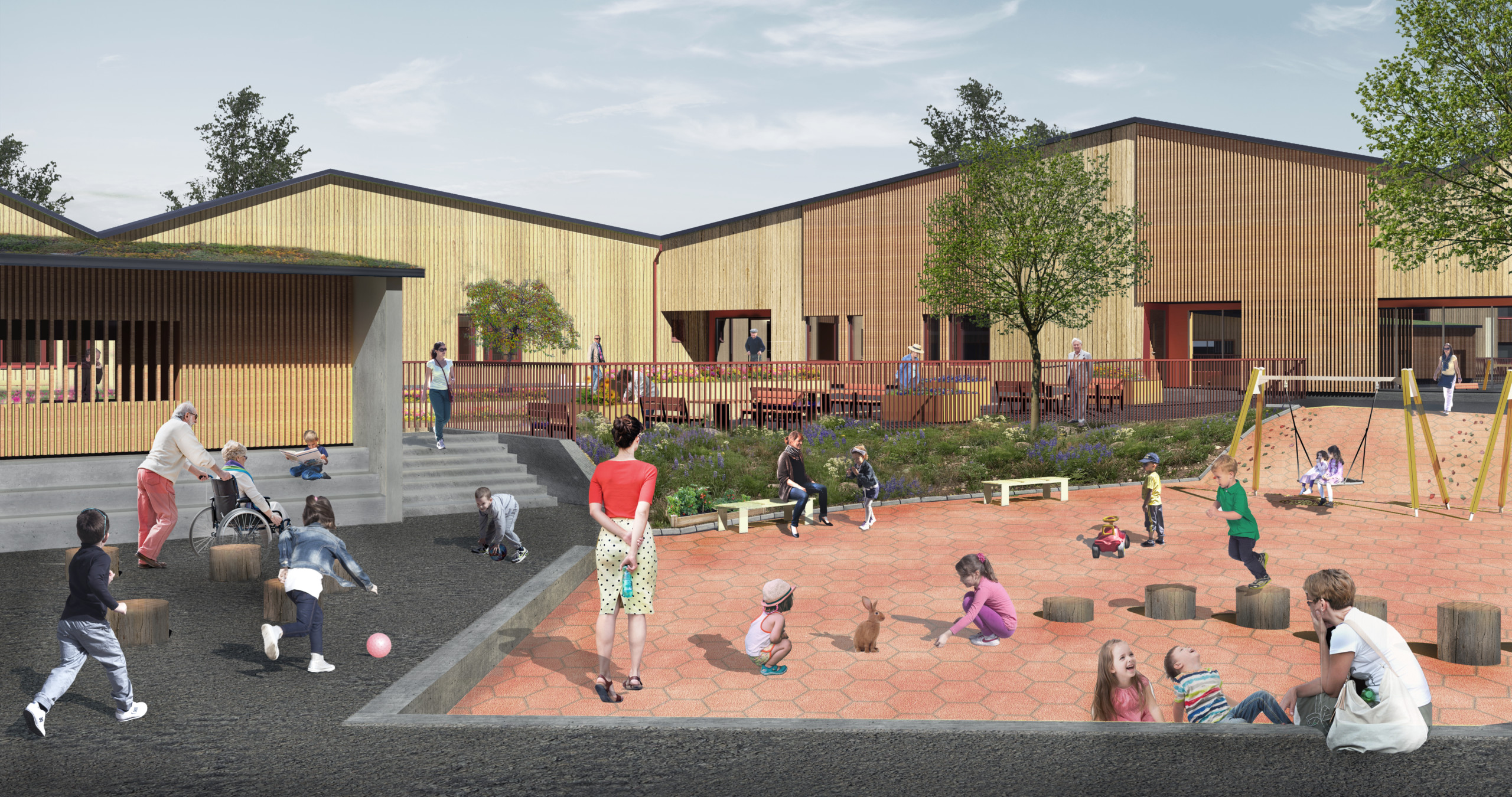 Children playing in the building yard, supervised by an adult.